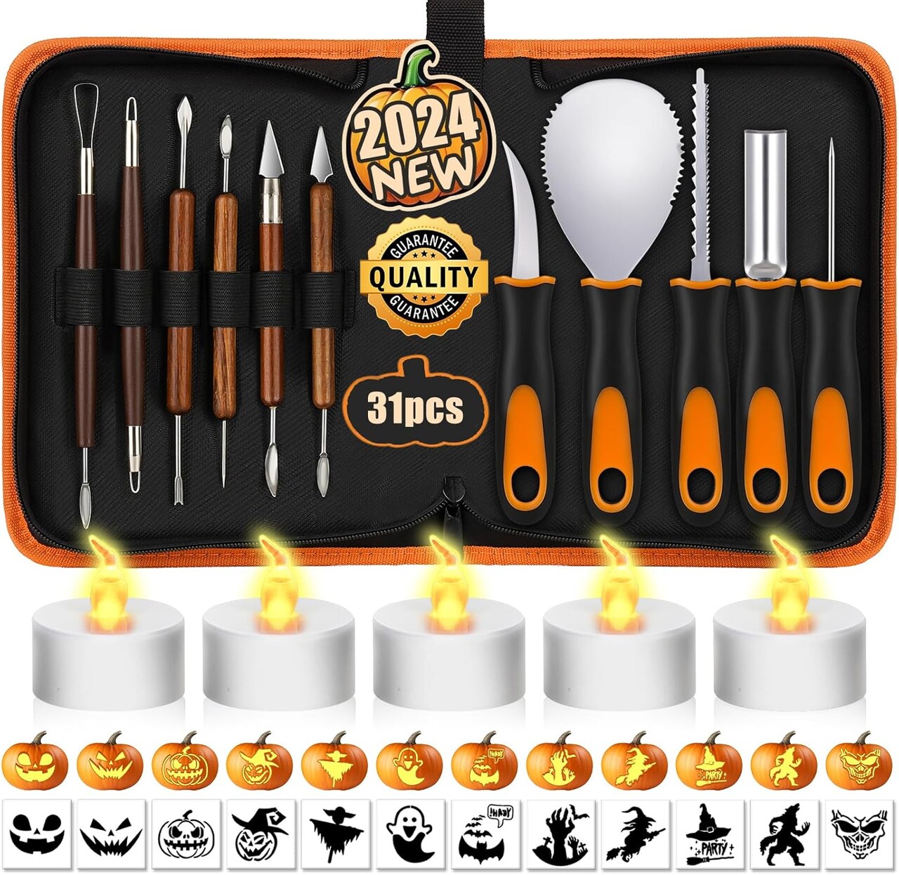 Pumpkin Carving Kit with Stencils, 31 PCS Halloween Pumpkin Carving Tools, Professional Pumpkin Carving Set, Heavy Duty Stainless Steel Jack-O-Lanterns Pumpkin Carving Knife for Kids Adults